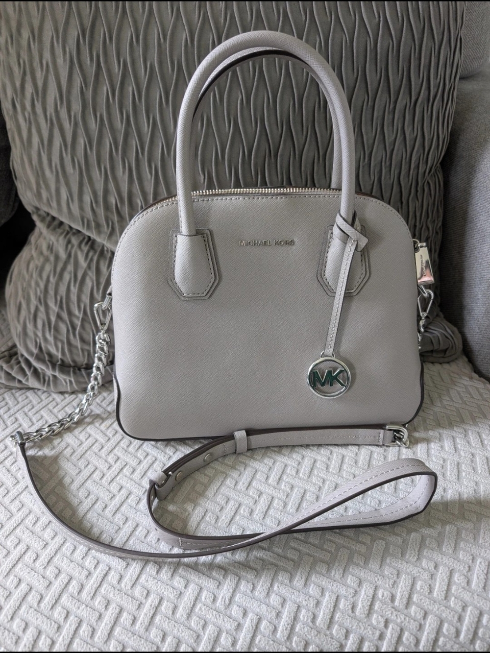 Michael Kors Light Gray Saffiano Satchel with Chain Strap